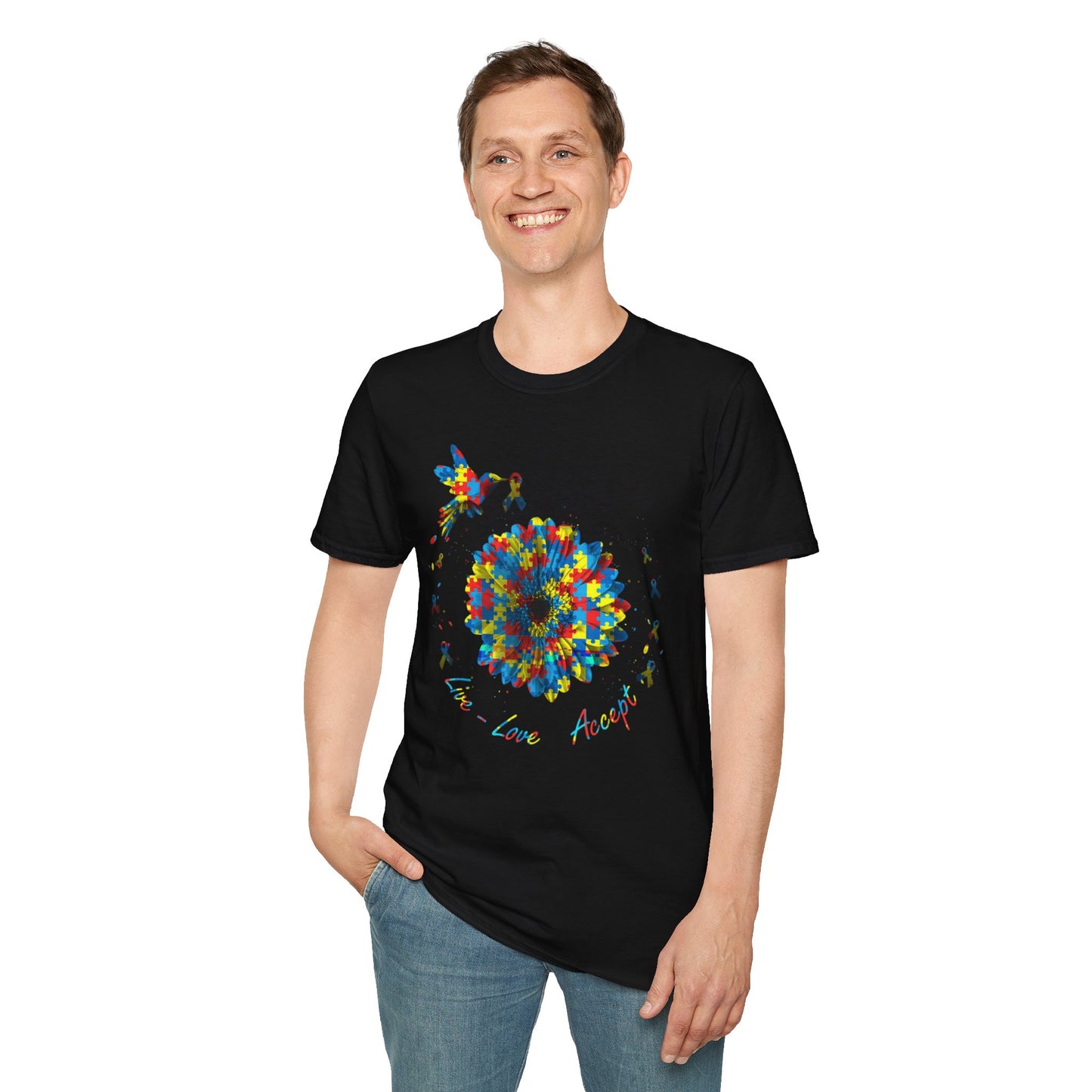 T-shirt "Bird Live Love Accept" Autisme - Unisex Softstyle T-Shirt